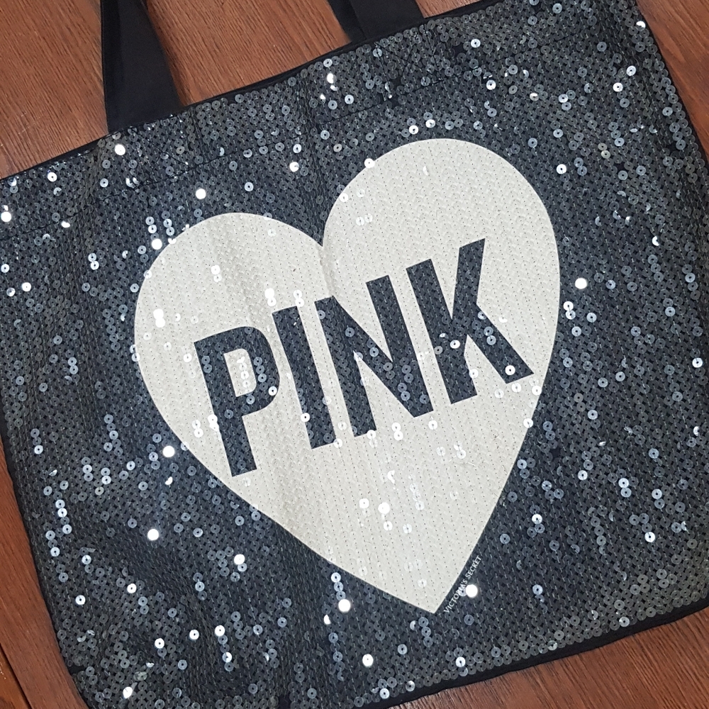 PINK Victoria's Secret Sequin Heart  X-Large Tote Bag in Black and White